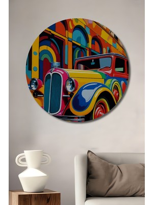 Teona Ahşap Renkli Klasik Otomobil Soyut Sanat Ahşap Dekoratif Tablo Yuvarlak Duvar Tablosu