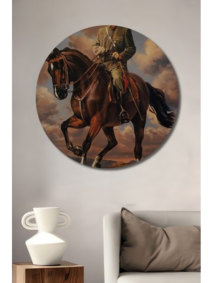 Teona Ahşap Mustafa Kemal Atatürk At Üzerinde Yağlı Boya Görünümlü Ahşap Dekoratif Tablo Yuvarlak Duvar Tablosu