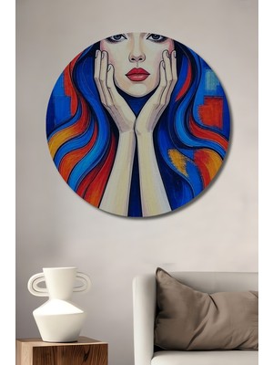 Teona Ahşap Mavi Saçlı Kadın Kelebek Temalı Yağlı Boya Görünümlü Ahşap Dekoratif Tablo Yuvarlak Duvar Tablosu