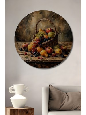 Teona Ahşap Meyve Sepeti Yağlı Boya Görünümlü Ahşap Dekoratif Tablo Yuvarlak Duvar Tablosu