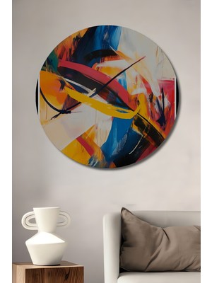 Teona Ahşap Enerjik Soyut Kompozisyon Yağlı Boya Görünümlü Ahşap Dekoratif Tablo Yuvarlak Duvar Tablosu