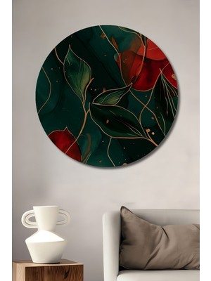 Teona Ahşap Koyu Yeşil Yapraklar ve Kırmızı Çiçekler Sulu Boya Görünümlü Modern Sanat Ahşap Dekoratif Tablo Yuvarlak Duvar Tablosu