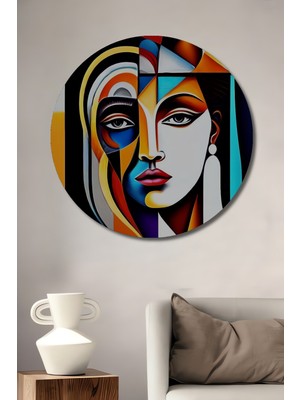 Teona Ahşap Soyut Yüz Portresi Yağlı Boya Görünümlü Ahşap Dekoratif Tablo Yuvarlak Duvar Tablosu