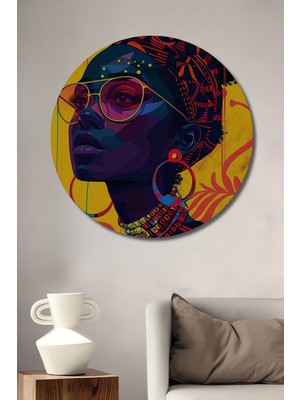 Teona Ahşap Afro Sanatçı Kadın Portresi Yağlı Boya Görünümlü Ahşap Dekoratif Tablo Yuvarlak Duvar Tablosu