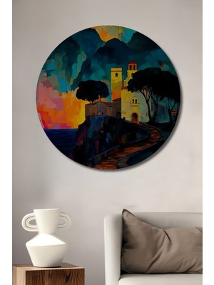 Teona Ahşap Masalsı Ay Işığı Köy Manzarası Yağlı Boya Görünümlü Ahşap Dekoratif Tablo Yuvarlak Duvar Tablosu