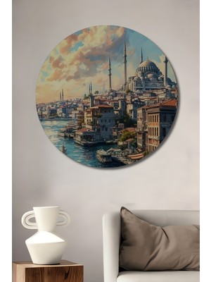 Teona Ahşap Istanbul Boğazı Manzaralı Yağlı Boya Görünümlü Modern Sanat Ahşap Dekoratif Tablo Yuvarlak Duvar Tablosu
