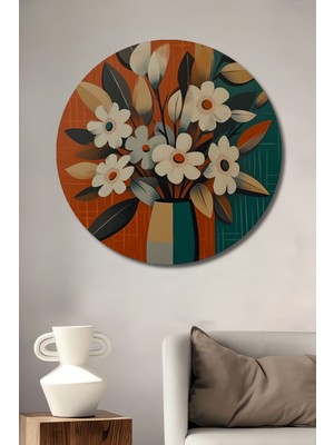 Teona Ahşap Modern Sanat Çiçek Buketi Yağlı Boya Görünümlü Ahşap Dekoratif Tablo Yuvarlak Duvar Tablosu
