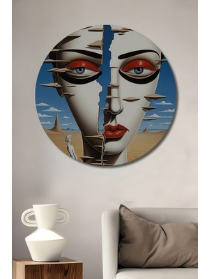 Teona Ahşap Sürrealizm Esintili Çatlak Yüz Yağlı Boya Görünümlü Ahşap Dekoratif Tablo Yuvarlak Duvar Tablosu