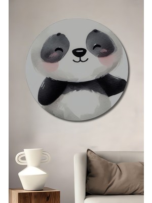 Teona Ahşap Sevimli Panda Sulu Boya Görünümlü Ahşap Dekoratif Tablo Yuvarlak Duvar Tablosu