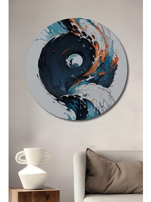 Teona Ahşap Soyut Dalga Desenli Yağlı Boya Görünümlü Dekoratif Ahşap Tablo Yuvarlak Duvar Tablosu