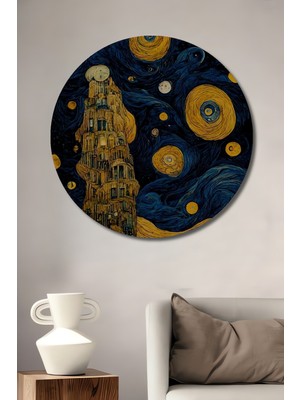 Teona Ahşap Yıldızlı Geceler Modern Sanat Yağlı Boya Görünümlü Ahşap Dekoratif Tablo Yuvarlak Duvar Tablosu