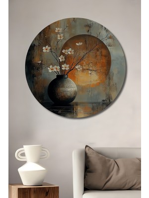 Teona Ahşap Minimalist Çiçek Vazosu Sulu Boya Görünümlü Dekoratif Ahşap Tablo Yuvarlak Duvar Tablosu