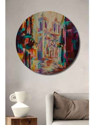 Teona Ahşap Canlı Renkler Şehir Manzarası Yağlı Boya Görünümlü Ahşap Dekoratif Tablo Yuvarlak Duvar Tablosu