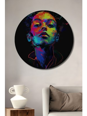 Teona Ahşap Neon Portre Yağlı Boya Görünümlü Ahşap Dekoratif Tablo Yuvarlak Duvar Tablosu