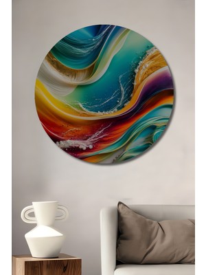 Teona Ahşap Soyut Dalga Desenli Yağlı Boya Görünümlü Dekoratif Ahşap Tablo Yuvarlak Duvar Tablosu