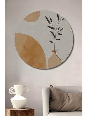 Teona Ahşap Bohem Sanat Sulu Boya Görünümlü Vazo ve Yaprak Dekoratif Ahşap Tablo Yuvarlak Duvar Tablosu