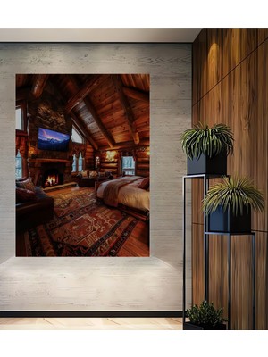Teona Ahşap Şömine Başında Sıcak Kış Evresi Ahşap Dekoratif Ev,antre,salon,ofis,mutfak,yatak Odası Tablo