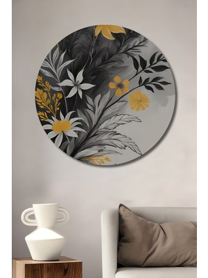 Teona Ahşap Sarı Çiçekli Ağaç Dalları Yağlı Boya Görünümlü Ahşap Dekoratif Tablo Yuvarlak Duvar Tablosu