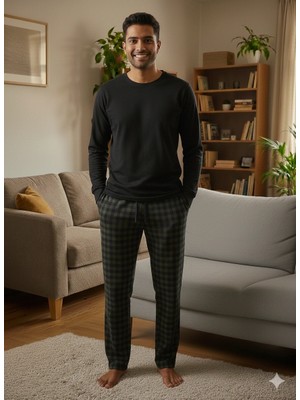 Pijalüx Tek Alt Örme Ekose Ev Pantolonu