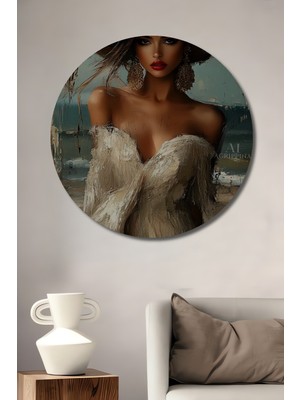 Teona Ahşap Bohem Esintili Kadın Portresi Yağlı Boya Görünümlü Ahşap Dekoratif Tablo Yuvarlak Duvar Tablosu