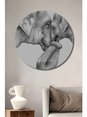 Teona Ahşap Anne Fil Temalı Sulu Boya Görünümlü Ahşap Dekoratif Tablo Yuvarlak Duvar Tablosu