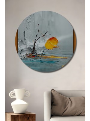 Teona Ahşap Sarı Yaprak Rüzgarın Dansı Yağlı Boya Görünümlü Ahşap Dekoratif Tablo Yuvarlak Duvar Tablosu