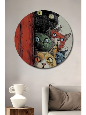 Teona Ahşap Gızemlı Kediler Sulu Boya Görünümlü Sanat Tablosu Yuvarlak Duvar Tablosu