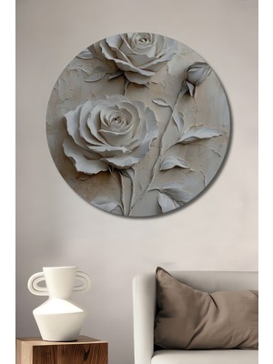 Teona Ahşap Beyaz Gül 3D Kabartma Yağlı Boya Görünümlü Dekoratif Ahşap Tablo Yuvarlak Duvar Tablosu