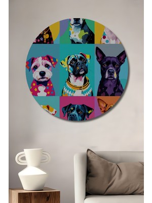 Teona Ahşap Enerjik Köpek Portreleri Yağlı Boya Görünümlü Ahşap Dekoratif Tablo Yuvarlak Duvar Tablosu