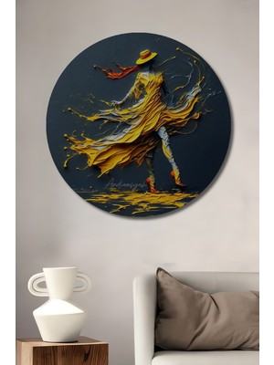 Teona Ahşap Sarı Elbiseli Kadın Yağlı Boya Görünümlü Soyut Sanat Ahşap Dekoratif Tablo Yuvarlak Duvar Tablosu