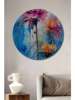 Teona Ahşap Canlı Renk Çiçek Yağlı Boya Görünümlü Ahşap Dekoratif Tablo Yuvarlak Duvar Tablosu