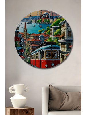 Teona Ahşap Istanbul Nostaljik Tramvay Yağlı Boya Görünümlü Ahşap Dekoratif Tablo Yuvarlak Duvar Tablosu