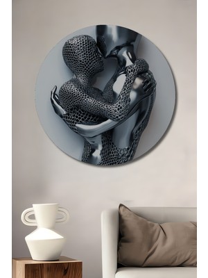 Teona Ahşap Gümüş Metalik Soyut Aşk Öpücüğü Yağlı Boya Görünümlü Ahşap Dekoratif Tablo Yuvarlak Duvar Tablosu