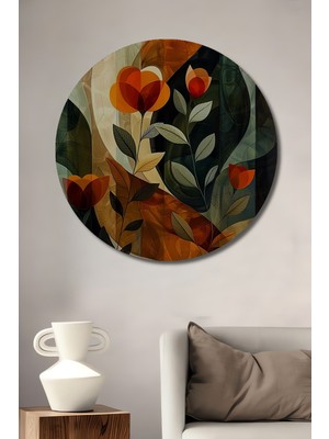 Teona Ahşap Modern Soyut Çiçek Sanatı Yağlı Boya Görünümlü Ahşap Dekoratif Tablo Yuvarlak Duvar Tablosu