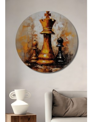 Teona Ahşap Altın Kral Satranç Tahtası Yağlı Boya Görünümlü Ahşap Dekoratif Tablo Yuvarlak Duvar Tablosu