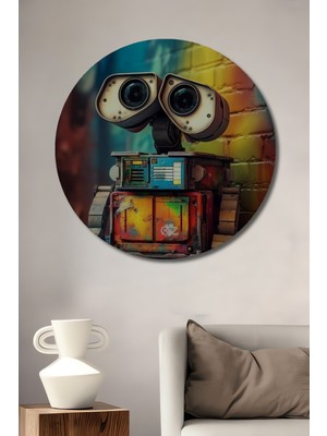 Teona Ahşap Wall E Robot Yağlı Boya Görünümlü Ahşap Tablo Yuvarlak Duvar Tablosu