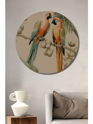 Teona Ahşap Canlı Renkli Papağanlar Yağlı Boya Görünümlü Ahşap Dekoratif Tablo Yuvarlak Duvar Tablosu