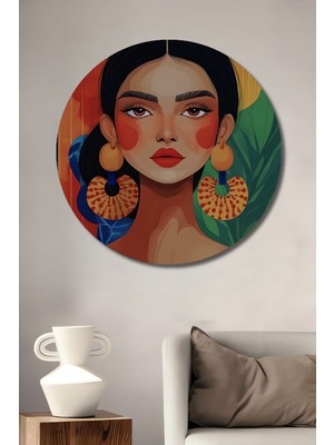 Teona Ahşap Bohem Kadın Portresi Yağlı Boya Görünümlü Ahşap Dekoratif Tablo Yuvarlak Duvar Tablosu