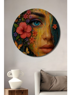 Teona Ahşap Rüya Kadın Kelebekler Çiçekler Yağlı Boya Görünümlü Ahşap Dekoratif Tablo Yuvarlak Duvar Tablosu