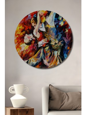 Teona Ahşap Alevli Tango Dansı Yağlı Boya Görünümlü Ahşap Dekoratif Tablo Yuvarlak Duvar Tablosu