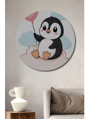 Teona Ahşap Sevimli Penguen Kalp Balonlu Ahşap Dekoratif Tablo Yuvarlak Duvar Tablosu