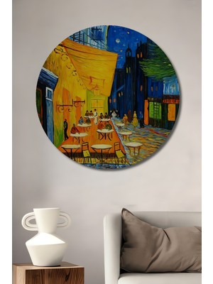 Teona Ahşap Van Gogh Yıldızlı Gece Kafe Manzarası Yağlı Boya Görünümlü Ahşap Dekoratif Tablo Yuvarlak Duvar Tablosu