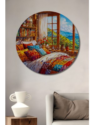 Teona Ahşap Renk Cümbüşü Yatak Odası Manzaralı Sulu Boya Görünümlü Ahşap Dekoratif Tablo Yuvarlak Duvar Tablosu