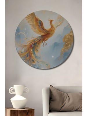 Teona Ahşap Altın Tüylü Efsanevi Anka Kuşu Yağlı Boya Görünümlü Ahşap Dekoratif Tablo Yuvarlak Duvar Tablosu