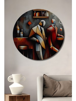 Teona Ahşap Bar Sohbeti Yağlı Boya Görünümlü Modern Sanat Ahşap Dekoratif Tablo Yuvarlak Duvar Tablosu