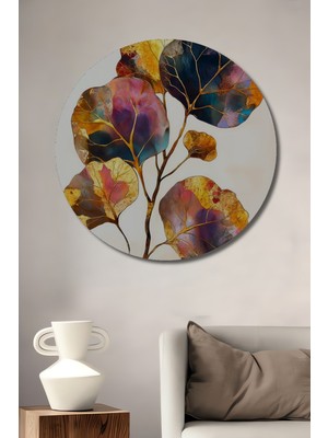 Teona Ahşap Altın Yaprak Suluboya Görünümlü Ahşap Dekoratif Tablo Yuvarlak Duvar Tablosu