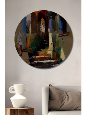 Teona Ahşap Işık Oyunlu Merdivenler Yağlı Boya Görünümlü Dekoratif Ahşap Tablo Yuvarlak Duvar Tablosu