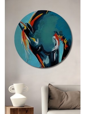 Teona Ahşap Soyut At Yağlı Boya Görünümlü Ahşap Dekoratif Tablo Yuvarlak Duvar Tablosu