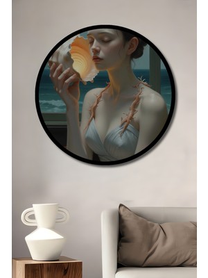 Teona Ahşap Deniz Kabuğunda Gızemlı Sesler Yağlı Boya Görünümlü Modern Sanat Ahşap Dekoratif Tablo Yuvarlak Duvar Tablosu