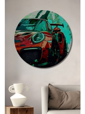 Teona Ahşap Dinamik Kırmızı Spor Araba Yağlı Boya Görünümlü Modern Sanat Ahşap Dekoratif Tablo Yuvarlak Duvar Tablosu